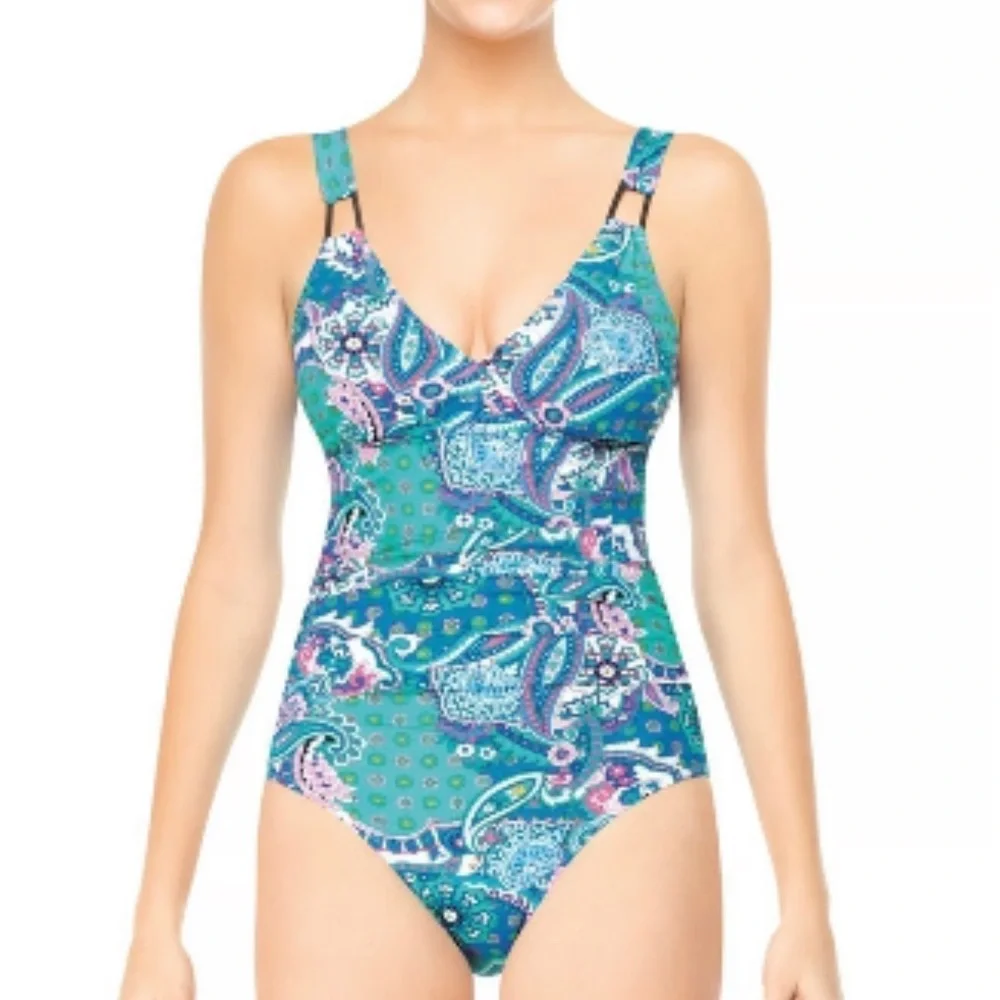 SPANX Assets by Sara Blakely Aqua Blue Pink Paisley One Piece Swimsuit‎ Small